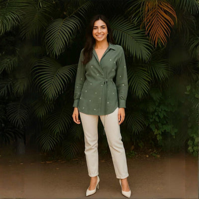 Eden Jamdani Cotton Wrap Shirt in Olive Green – Womens Shirt on Brown Living™. SKU: JDS6020-XS. Img 1.