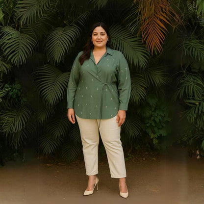 Eden Jamdani Cotton Wrap Shirt in Olive Green – Womens Shirt on Brown Living™. SKU: JDS6020-XS. Img 2.