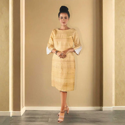 Eila Beige Eri Silk Shift Dress – Womens Dress on Brown Living™. SKU: JDS4017XS. Img 1.