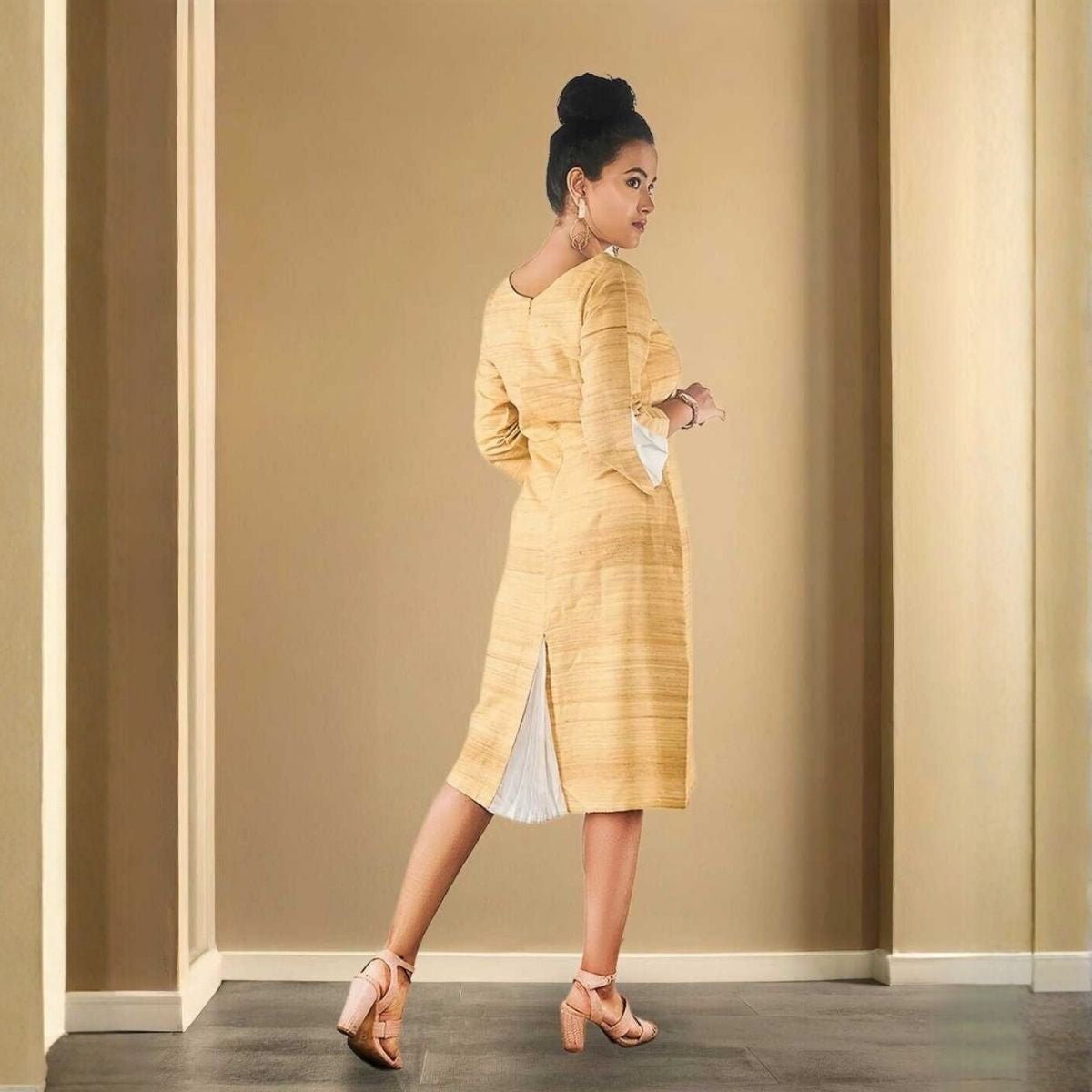 Eila Beige Eri Silk Shift Dress – Womens Dress on Brown Living™. SKU: JDS4017XS. Img 3.