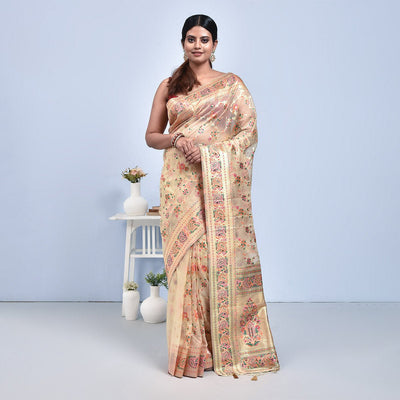 Elegant Bengal Muslin Silk Saree – Traditional Wear – Womens Saree on Brown Living™. SKU: STR - MUS - BEI - 01. Img 1.