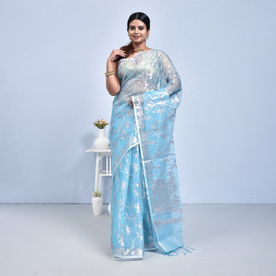Elegant Bengal Muslin Silk Saree – Traditional Wear – Womens Saree on Brown Living™. SKU: STR - MUS - BLU - 02. Img 2.