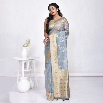 Elegant Bengal Muslin Silk Saree – Traditional Wear – Womens Saree on Brown Living™. SKU: STR - MUS - GRY - 03. Img 3.