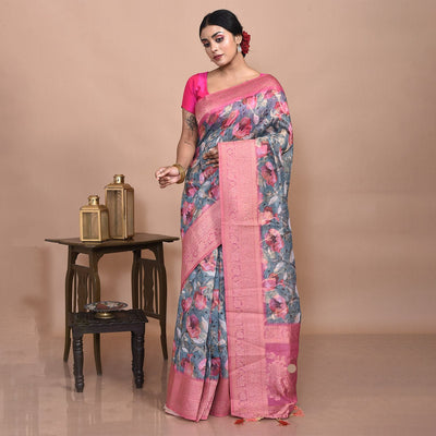 Elegant Bengal Muslin Silk Saree – Traditional Wear – Womens Saree on Brown Living™. SKU: STR - MUS - GRYPIN - 05. Img 5.