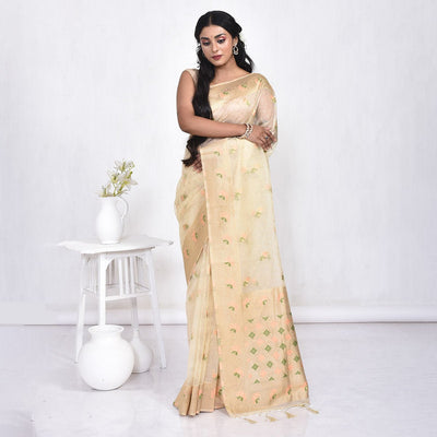 Elegant Bengal Muslin Silk Saree – Traditional Wear – Womens Saree on Brown Living™. SKU: STR - MUS - OFFWHI - 04. Img 4.