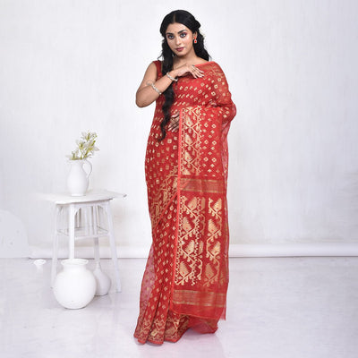 Elegant Bengal Muslin Silk Saree – Traditional Wear – Womens Saree on Brown Living™. SKU: STR - MUS - RED - 06. Img 6.
