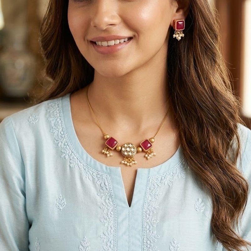 Elegant Red Stone Gold Plated Necklace Set with Earrings – Womens Jewelry Sets on Brown Living™. SKU: KOTT-T010. Img 1.