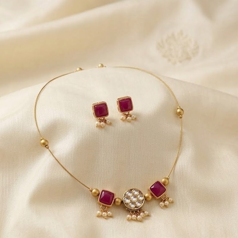 Elegant Red Stone Gold Plated Necklace Set with Earrings – Womens Jewelry Sets on Brown Living™. SKU: KOTT-T010. Img 2.