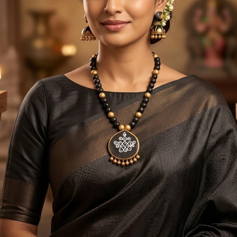 Elegant Terracotta Black Pendant Necklace Set with Traditional Motif – Womens Jewelry Sets on Brown Living™. SKU: KOTT-T004. Img 1.