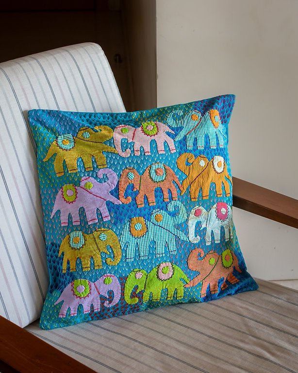 Elephant Tales Cotton Cushion Cover | Printed Decorative Pillow Cover – Covers & Inserts on Brown Living™. SKU: ANTETCCBEHHG. Img 3.
