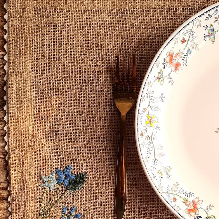 Embroidered Jute Table Mat Forget Me Not (Set of 4) – Home Decor by Studio Vilasita available on Brown Living™. . SKU: MP_JMFMEN4. Img 3.