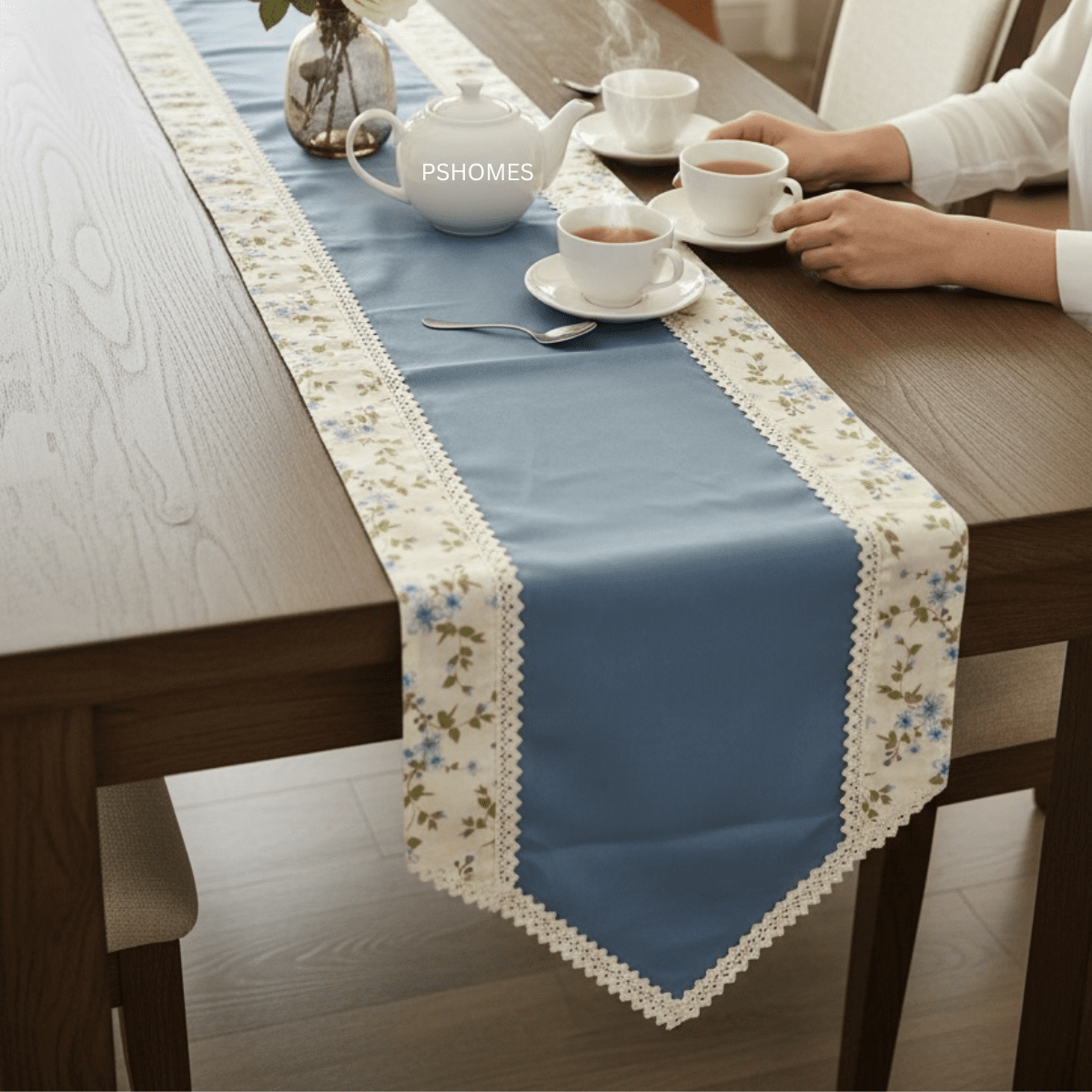 Embroidery Lace Border Cotton Table Runner 6 Feet – Table Linens on Brown Living™. SKU: RUNNER-EMBLUE. Img 2.