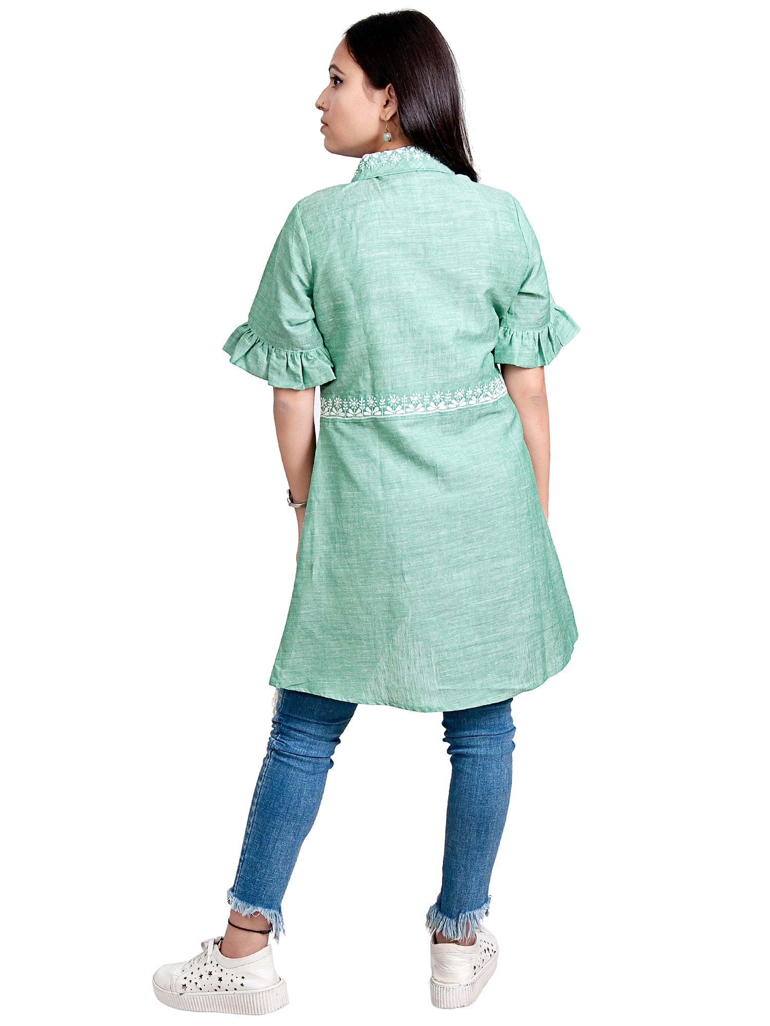 Emerald Bloom Embroidered Linen Jacket | Elegant Layering – Womens Jacket on Brown Living™. SKU: J14005. Img 3.
