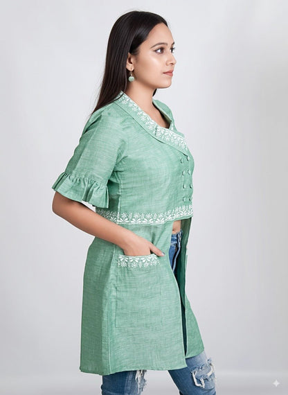 Emerald Bloom Embroidered Linen Jacket | Elegant Layering – Womens Jacket on Brown Living™. SKU: J14005. Img 2.