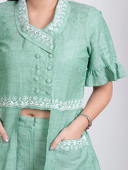 Emerald Bloom Embroidered Linen Jacket | Elegant Layering – Womens Jacket on Brown Living™. SKU: J14005. Img 4.