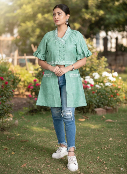 Emerald Bloom Embroidered Linen Jacket | Elegant Layering – Womens Jacket on Brown Living™. SKU: J14005. Img 6.