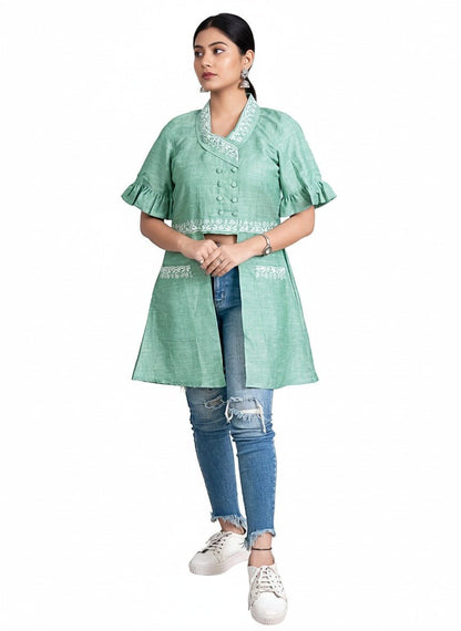 Emerald Bloom Embroidered Linen Jacket | Elegant Layering – Womens Jacket on Brown Living™. SKU: J14005. Img 1.