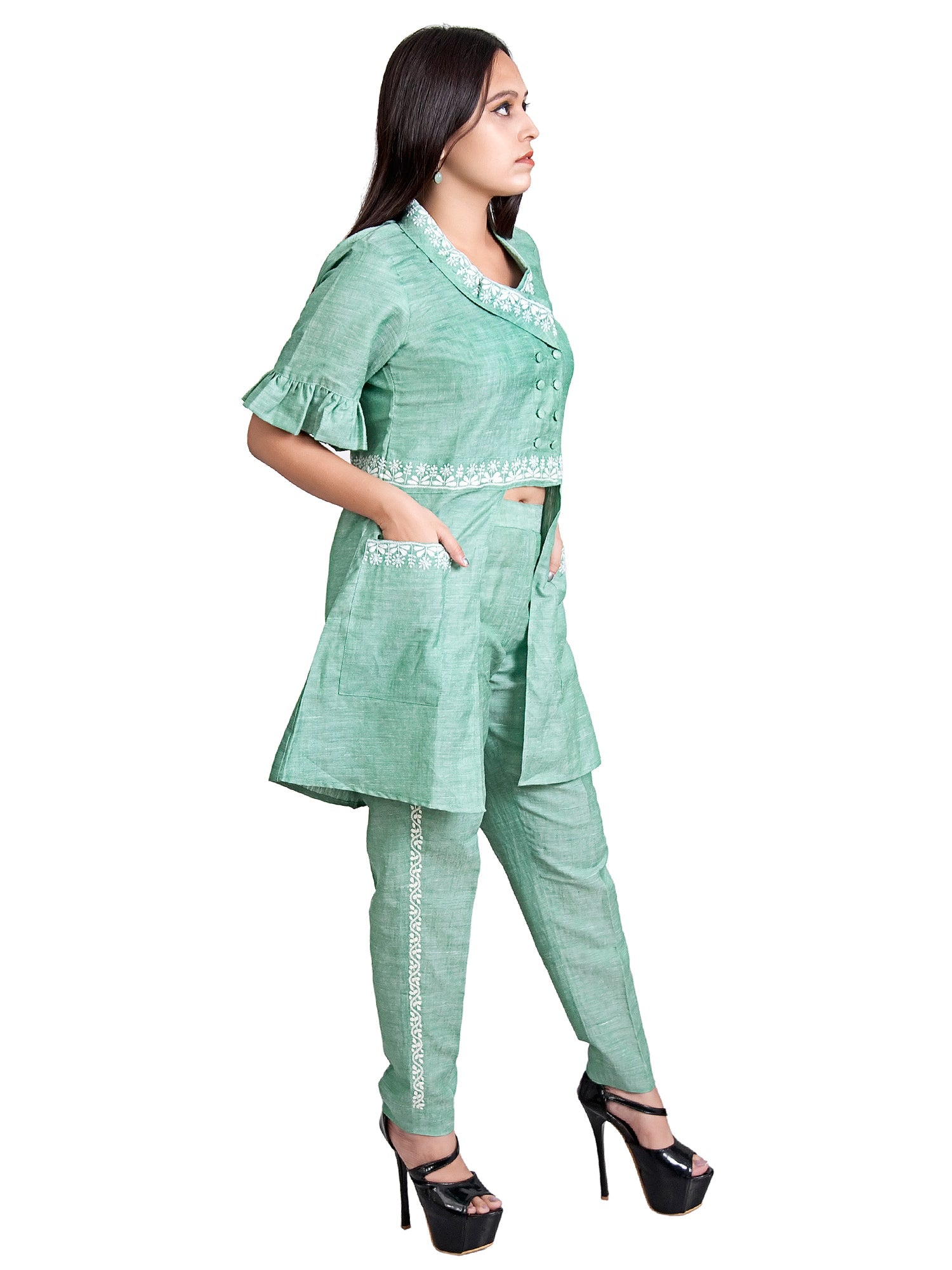 Emerald Bloom Embroidered Linen Jacket | Elegant Layering – Womens Jacket on Brown Living™. SKU: J14005. Img 5.