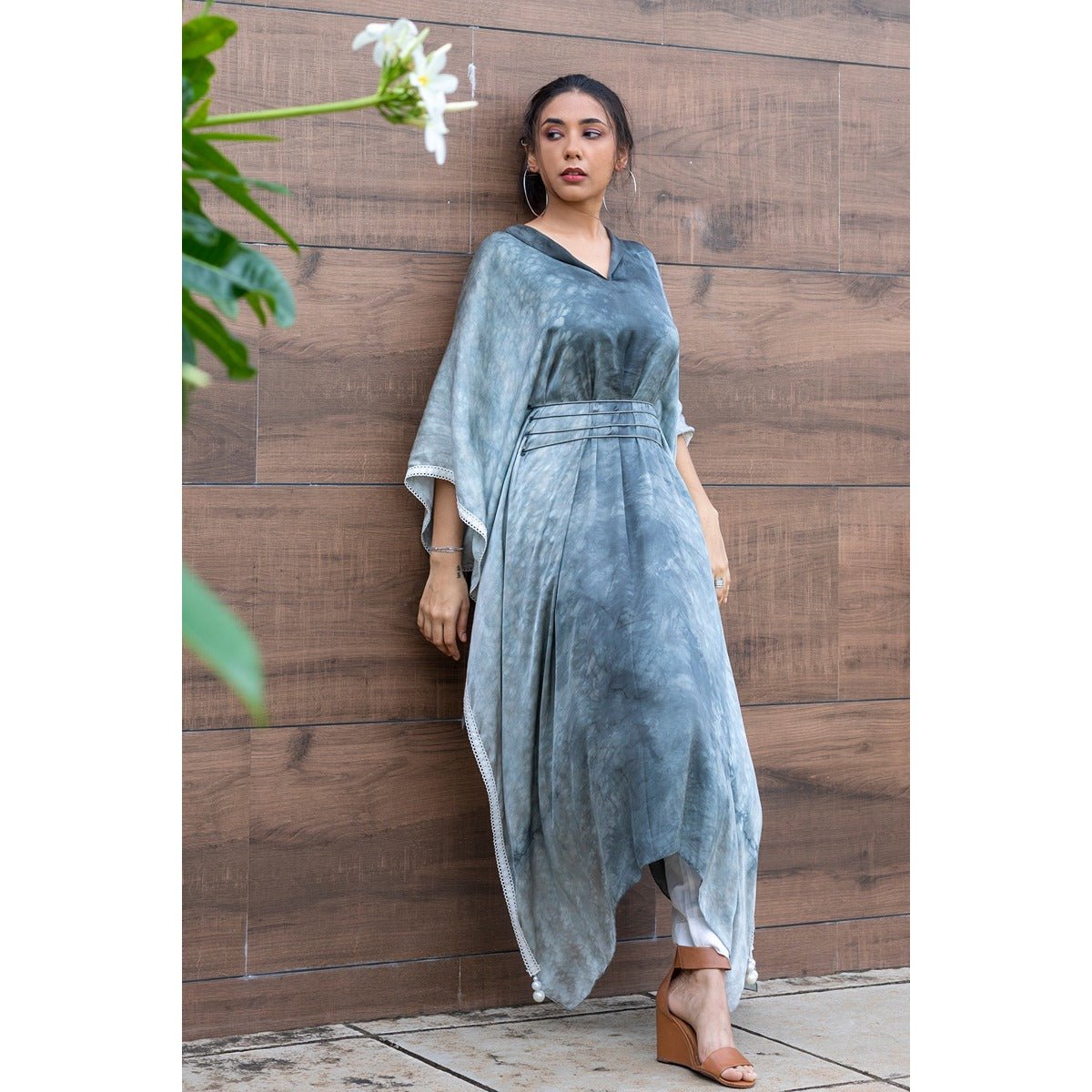 Eve Kaftan Kurti | Flowy Satin Kaftan Style Kurti for Women – Womens Ethnic Sets on Brown Living™. SKU: TMS0162-XS. Img 1.