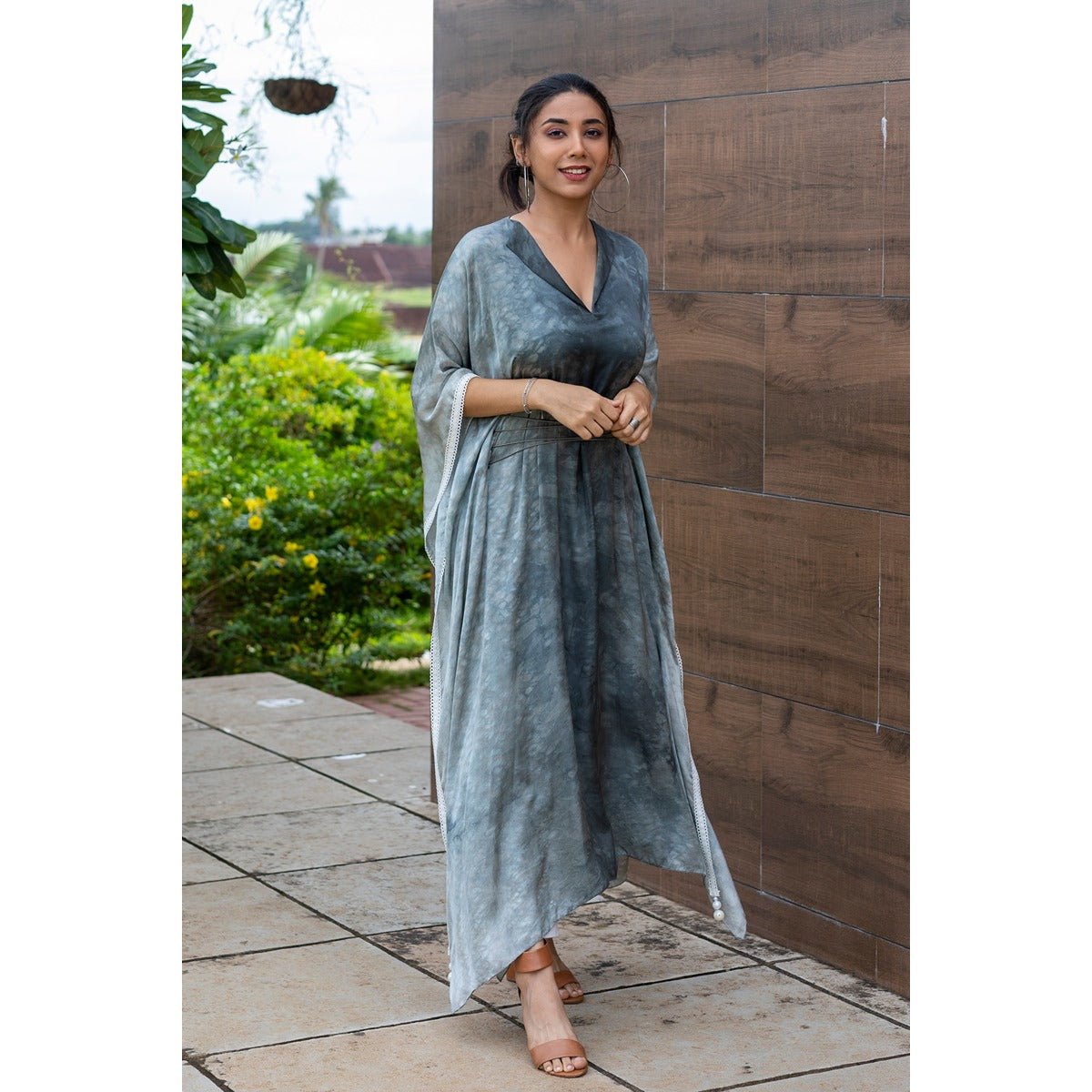 Eve Kaftan Kurti | Flowy Satin Kaftan Style Kurti for Women – Womens Ethnic Sets on Brown Living™. SKU: TMS0162-XS. Img 4.
