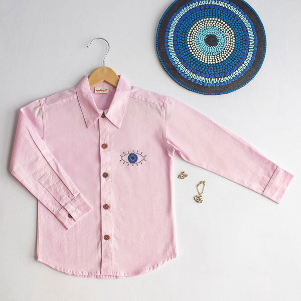 Evil Eye Embroidered Unisex Organic Cotton Shirt- Light Pink | Verified Sustainable Kids Shirts on Brown Living™