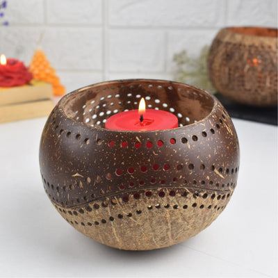 Exotic Handmade Coconut Candle Shell Holder - Lantern Tea Light – Outdoor Candles on Brown Living™. SKU: 173 - 13164 - THENGA16. Img 1.