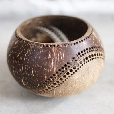 Exotic Handmade Coconut Candle Shell Holder - Lantern Tea Light – Outdoor Candles on Brown Living™. SKU: 173 - 13164 - THENGA16. Img 4.