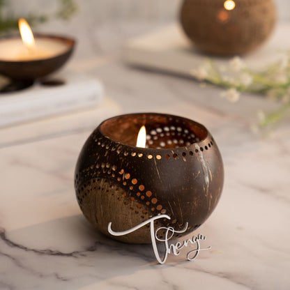 Exotic Handmade Coconut Candle Shell Holder - Lantern Tea Light – Outdoor Candles on Brown Living™. SKU: 173 - 13164 - THENGA16. Img 2.