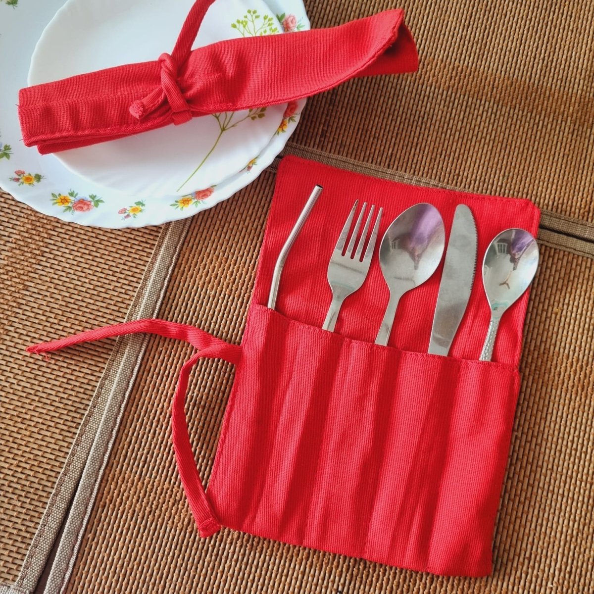 Fabric Cutlery Wrap – Kitchen Linens by Kauseyah available on Brown Living™. Red . SKU: kJ10. Img 1.