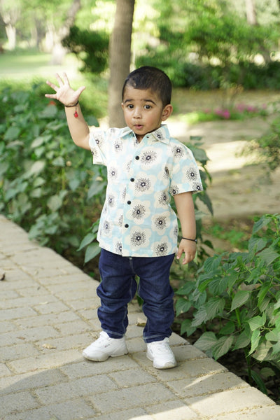 Farhaan Shirt I Bright Blue Floral Cotton Shirt for Boys – Kids Daywear Sets on Brown Living™. SKU: ZBBFA. Img 1.