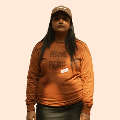 Femme & Fierce Brown Sweatshirt | Cozy Women’s Cotton Fleece Wear – Womens Sweatshirt on Brown Living™. SKU: 2FemmeFierceCaramelSWTSHRTS. Img 1.