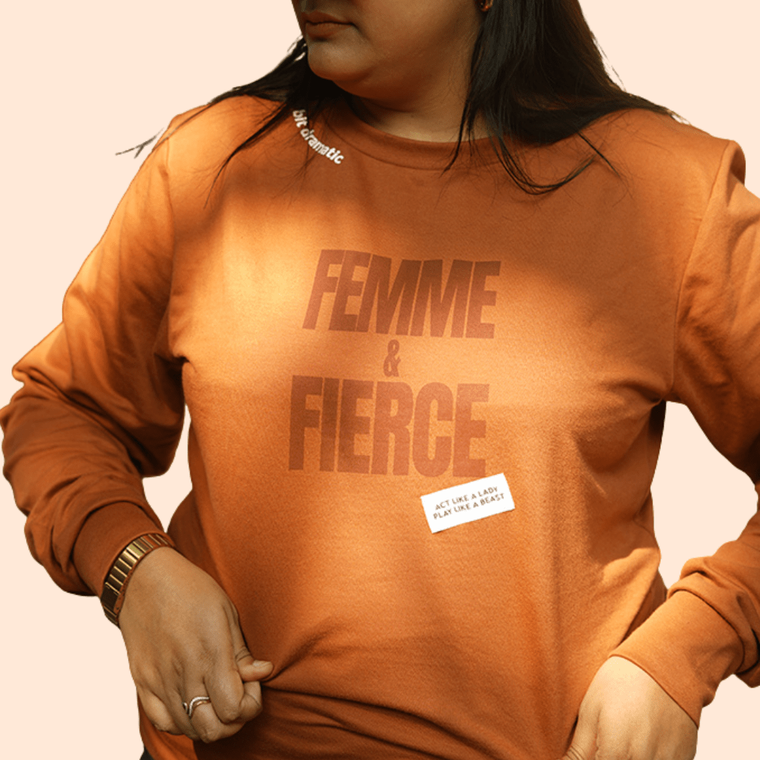 Femme & Fierce Brown Sweatshirt | Cozy Women’s Cotton Fleece Wear – Womens Sweatshirt on Brown Living™. SKU: 2FemmeFierceCaramelSWTSHRTS. Img 4.
