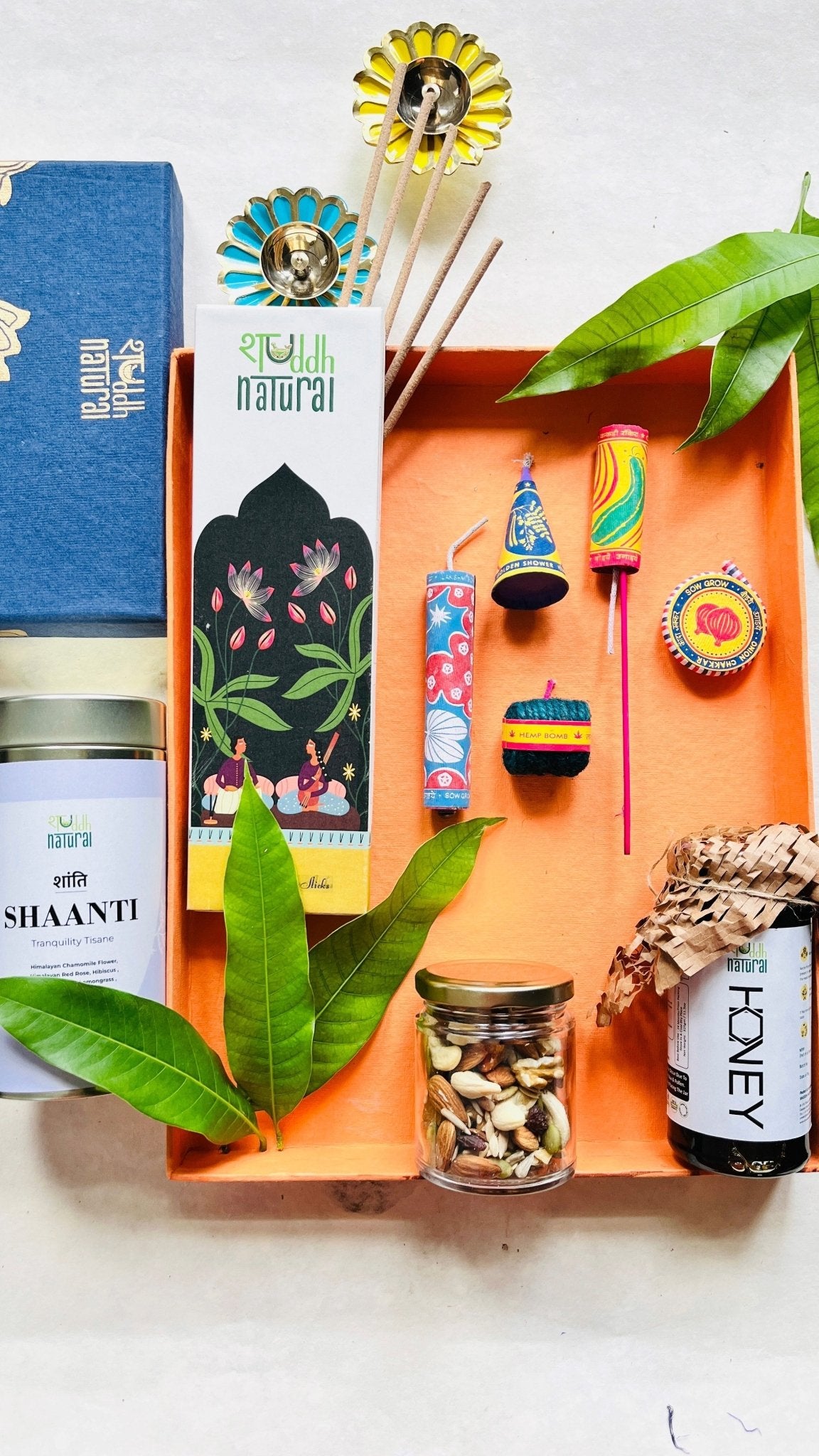 Festive Gift Box | Seed Patakha Set of 5 | Incense Tea Honey Dry Fruit – Gift Hampers on Brown Living™. SKU: SNSPI06. Img 1.