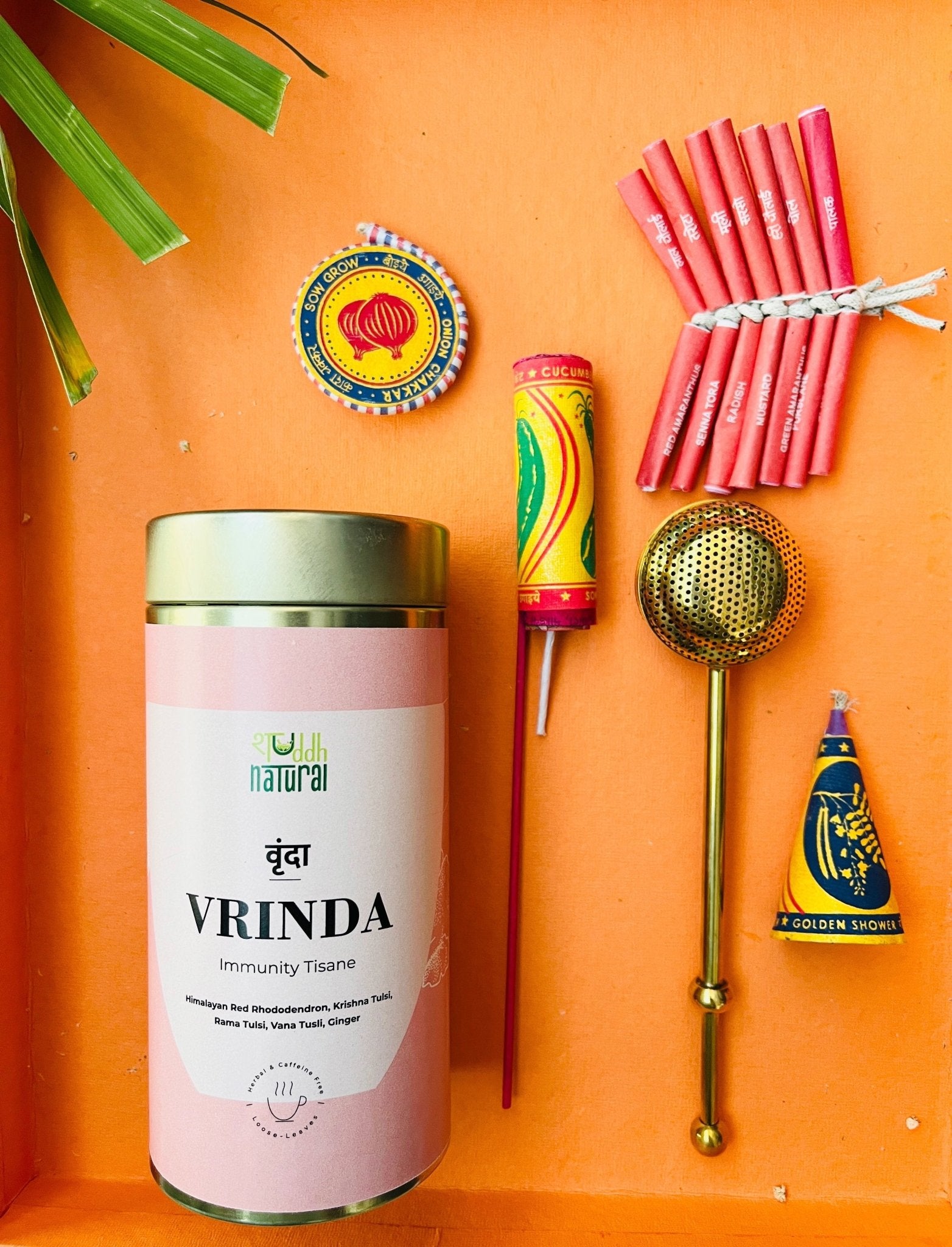 Festive Hamper | Tea I Seed Patakha Set of 4 | Brass Strainer – Gift Hampers on Brown Living™. SKU: SNTBSP04. Img 1.