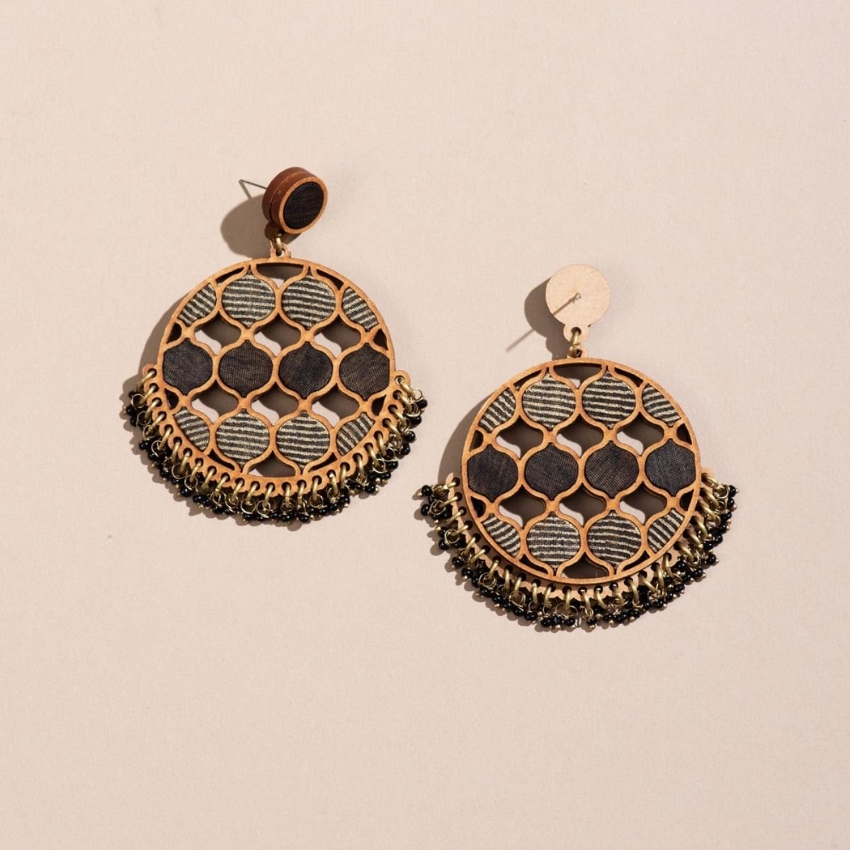 Festive Multi Layered Repurposed Fabric & Wood Necklace Earrings – Womens Earrings on Brown Living™. SKU: JCC026. Img 6.