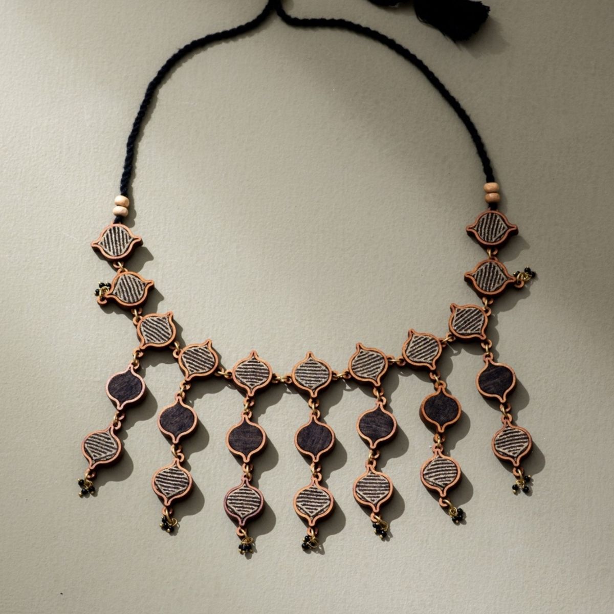 Festive Multi Layered Repurposed Fabric & Wood Necklace Earrings – Womens Earrings on Brown Living™. SKU: JCC026. Img 3.