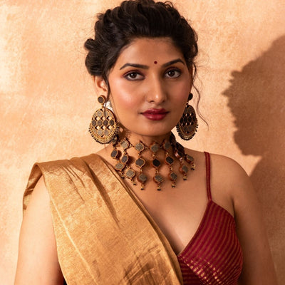 Festive Multi Layered Repurposed Fabric & Wood Necklace Earrings – Womens Earrings on Brown Living™. SKU: JCC026. Img 1.