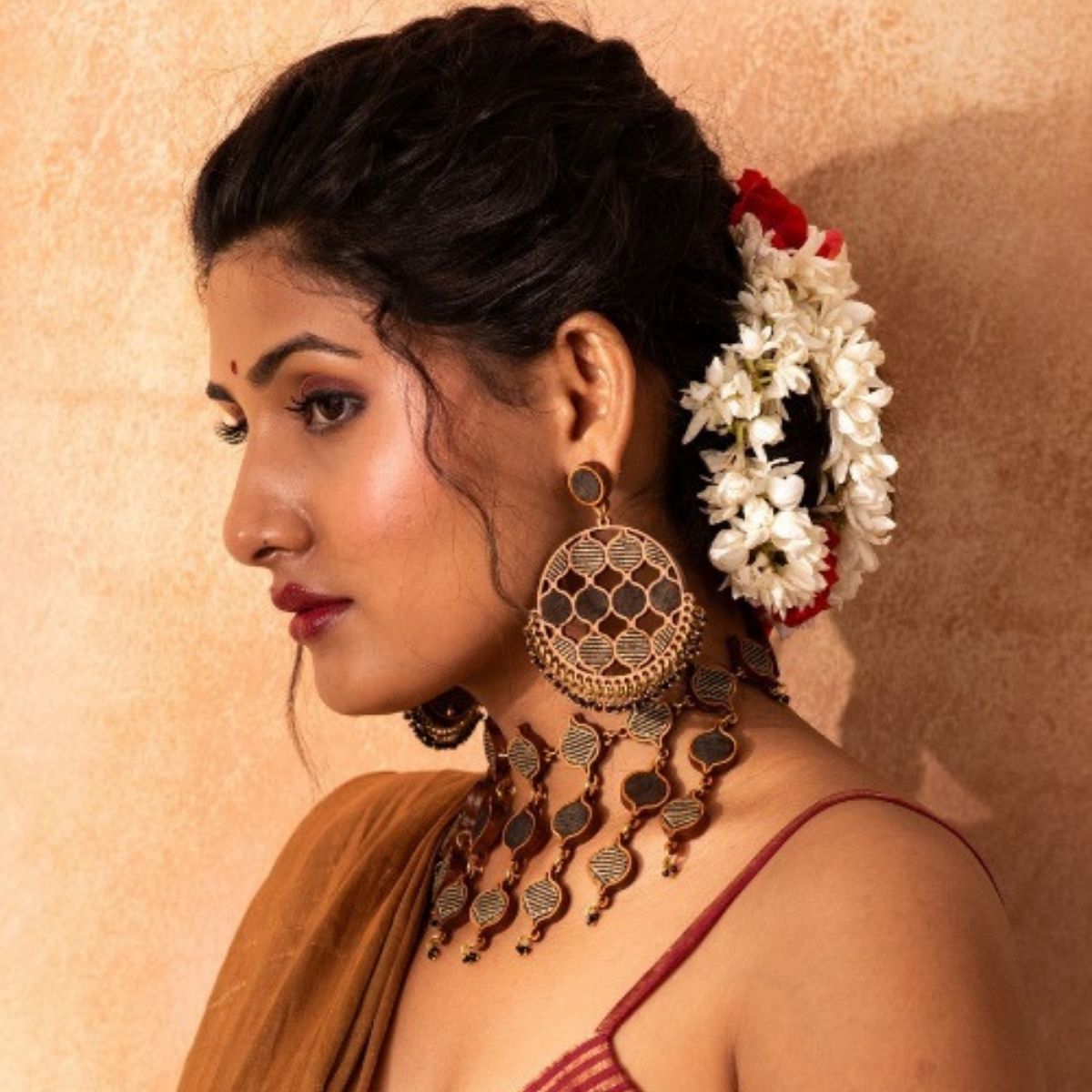 Festive Multi Layered Repurposed Fabric & Wood Necklace Earrings – Womens Earrings on Brown Living™. SKU: JCC026. Img 2.