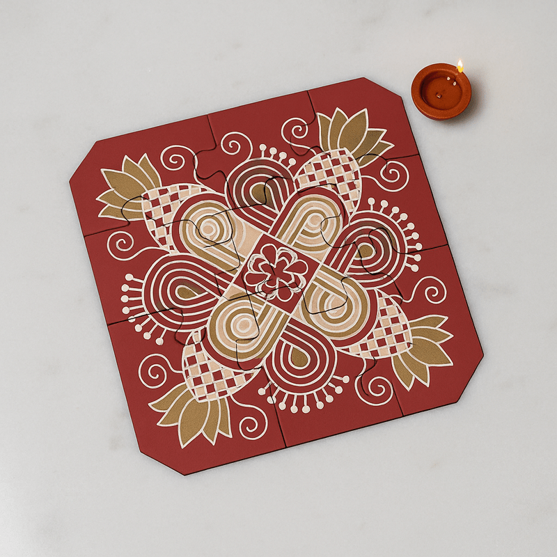 Festive Rangoli Earthen Puzzle, Wooden 12 Pieces & 4 Water Sensor Diya – Home Decor on Brown Living™. SKU: MJ00047DR. Img 3.