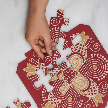 Festive Rangoli Earthen Puzzle, Wooden 12 Pieces & 4 Water Sensor Diya – Home Decor on Brown Living™. SKU: MJ00047DR. Img 1.