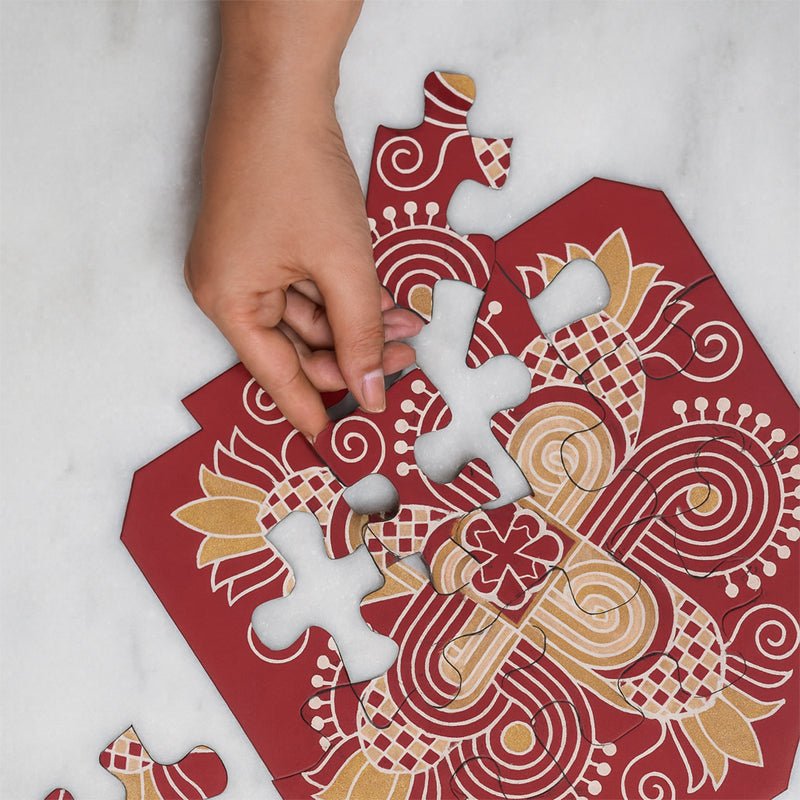 Festive Rangoli Earthen Puzzle, Wooden 12 Pieces & 4 Water Sensor Diya – Home Decor on Brown Living™. SKU: MJ00047DR. Img 1.