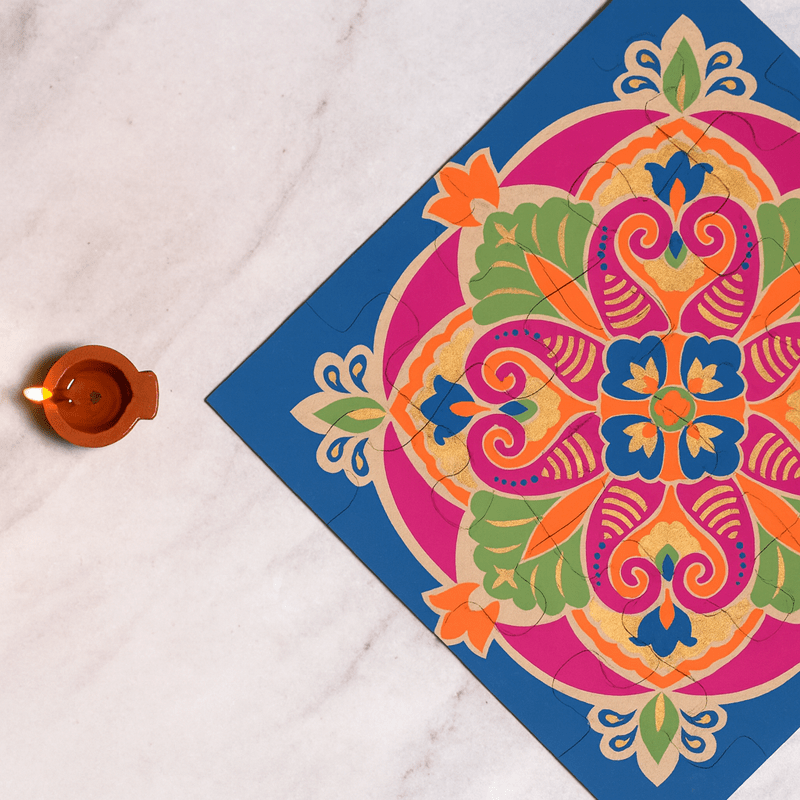 Festive Rangoli Earthen Puzzle, Wooden 12 Pieces & 4 Water Sensor Diya – Home Decor on Brown Living™. SKU: MJ00047DR. Img 6.