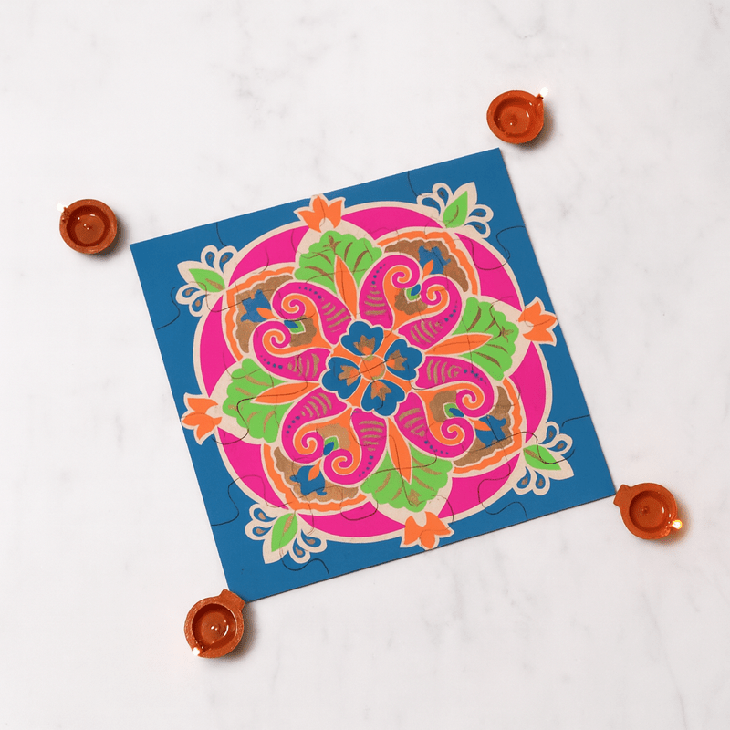 Festive Rangoli Earthen Puzzle, Wooden 12 Pieces & 4 Water Sensor Diya – Home Decor on Brown Living™. SKU: MJ00047DR. Img 5.
