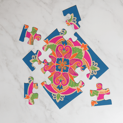 Festive Rangoli Earthen Puzzle, Wooden 12 Pieces & 4 Water Sensor Diya – Home Decor on Brown Living™. SKU: MJ00047DR. Img 7.