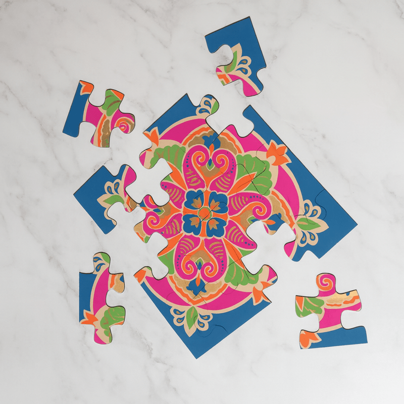 Festive Rangoli Earthen Puzzle, Wooden 12 Pieces & 4 Water Sensor Diya – Home Decor on Brown Living™. SKU: MJ00047DR. Img 7.