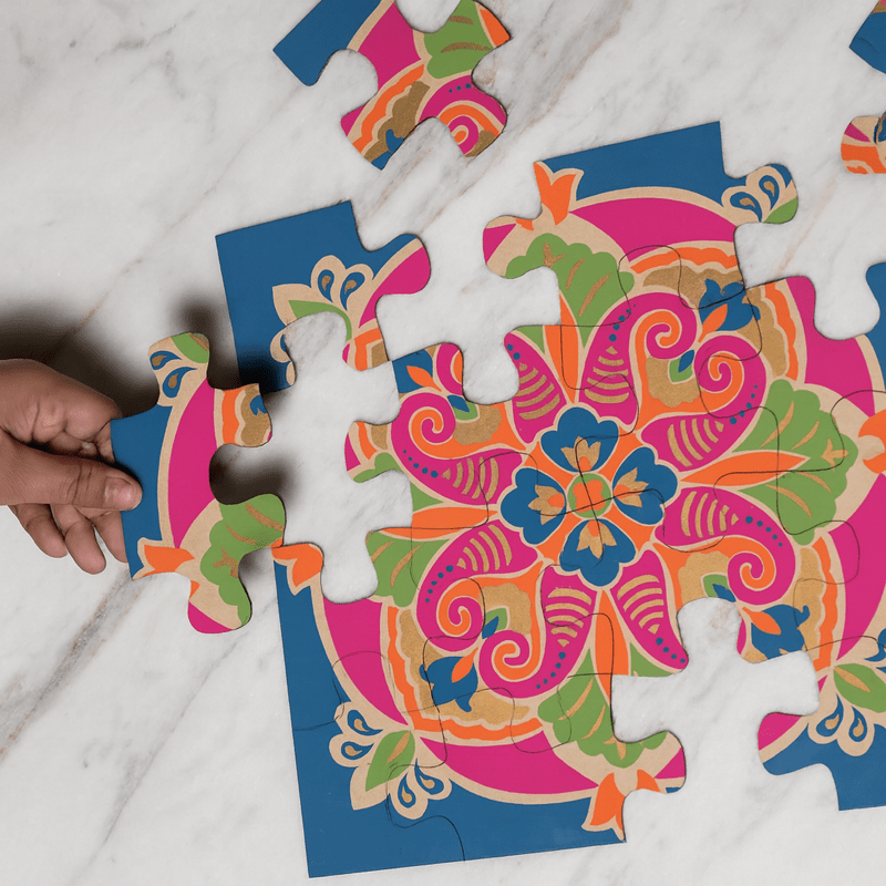 Festive Rangoli Earthen Puzzle, Wooden 12 Pieces & 4 Water Sensor Diya – Home Decor on Brown Living™. SKU: MJ00048DR. Img 8.