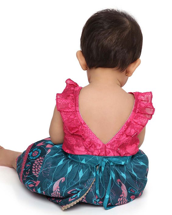 Firoza - Chanderi Peacock Printed Infant Onesie with Detachable Lehenga Skirt and Matching Clips | Verified Sustainable Kids Ethnic Sets on Brown Living™