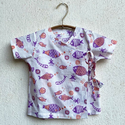 Fish Print Angarakha Top with Pants – Kids Daywear Sets by Whitewater Kids available on Brown Living™. 0 - 3 Months Peach &Purple. SKU: KOI - PCH - ANGPJ - 03. Img 8.