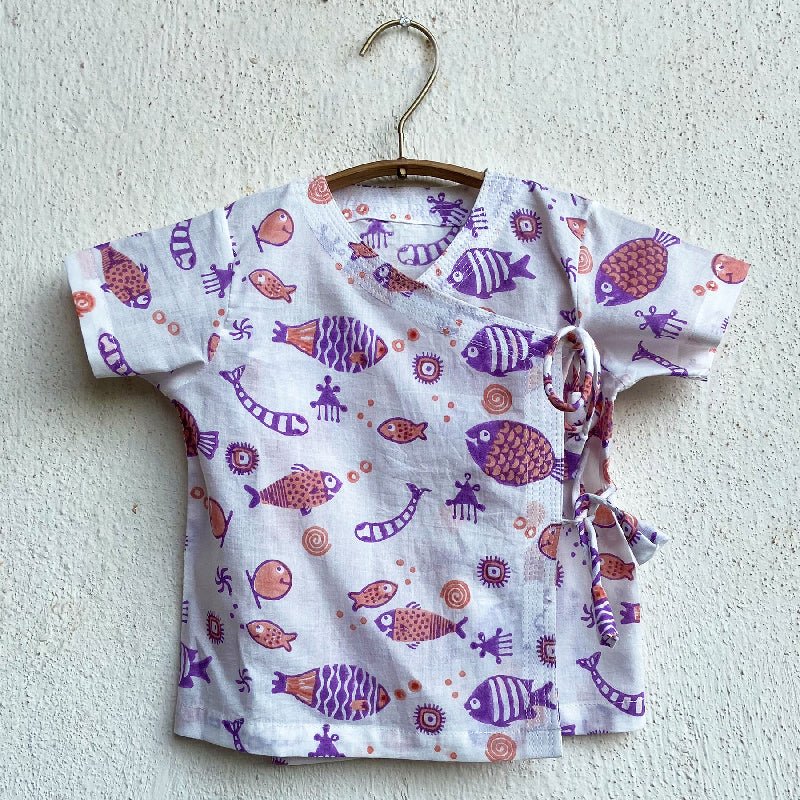 Fish Print Angarakha Top with Pants – Kids Daywear Sets by Whitewater Kids available on Brown Living™. 0 - 3 Months Peach &Purple. SKU: KOI - PCH - ANGPJ - 03. Img 8.
