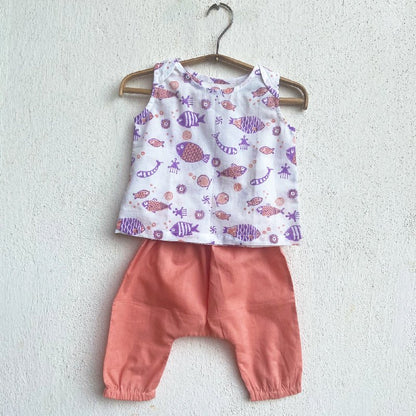 Fish Print Kurta with Pants – Kids Daywear Sets by Whitewater Kids available on Brown Living™. 6 - 9 Months Peach & Purple. SKU: KOI - PCH - KURPJ - 69. Img 8.